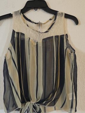 Chocolate Striped Lace Yoke Tie-Front Camisole - Black & Cream